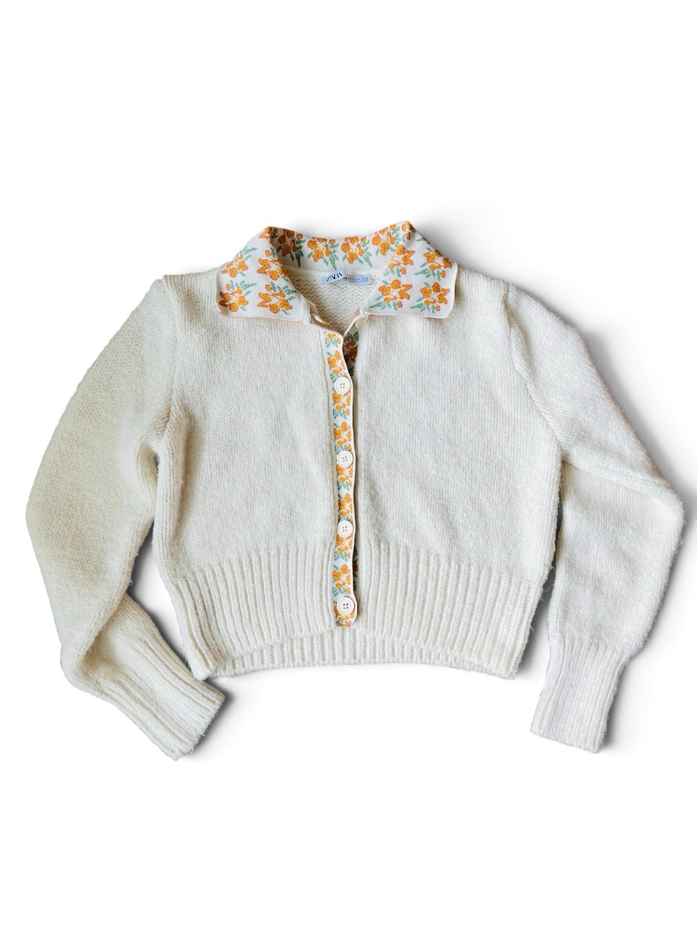 Zara Cream Cropped Cardigan with Orange Floral Trim - Picture 2 of 4